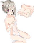  breasts cleavage covering covering_breasts folded_ponytail grey_hair kanisaka_shizuku looking_at_viewer medium_breasts mole mole_under_eye nude_cover original purple_eyes sitting solo thinking towel 