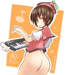  ass blush bottomless brown_eyes brown_hair commentary_request eighth_note hat instrument keyboard_(instrument) looking_back lyrica_prismriver musical_note nikubanare solo touhou twitter_username v 