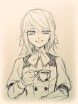  chaban_capriccio_(vocaloid) cup double-breasted evillious_nendaiki gloves graphite_(medium) hair_ribbon half_updo kagamine_rin monochrome paper_background ribbon rooomi short_hair short_ponytail solo tea traditional_media vocaloid waitress 