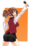  arm_up blush breasts brown_eyes brown_hair from_behind idolmaster idolmaster_cinderella_girls large_breasts long_hair looking_at_viewer looking_back microphone mirai_denki open_mouth pencil_skirt royale_style_(idolmaster) skirt smile solo totoki_airi twintails 