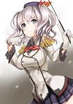  amripo beret blue_eyes breasts commentary_request epaulettes gloves hat kantai_collection kashima_(kantai_collection) large_breasts long_hair looking_at_viewer military military_uniform miniskirt silver_hair skirt smile solo twintails uniform wavy_hair white_gloves 