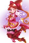  absurdres bad_id bad_pixiv_id black_legwear blush boots bow brooch brown_footwear brown_hair frills full_body go!_princess_precure grin hair_bow highres jacket jewelry long_hair one_eye_closed outstretched_hand pantyhose pink_skirt ponytail precure red_bow red_eyes refi_(go!_princess_precure) sharumon skirt smile solo thigh_boots thighhighs wrist_cuffs 