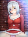  alternate_costume arm_support blue_eyes blue_panties blush breasts brick_wall cameltoe christmas hair_ornament hair_over_one_eye hairclip hamakaze_(kantai_collection) hat highres kantai_collection large_breasts looking_at_viewer miniskirt panties pantyshot pantyshot_(sitting) santa_costume santa_hat short_hair silver_hair sitting skirt solo tapisuke underwear 