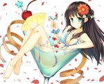  anklet barefoot bikini blue_eyes breasts brown_hair cocktail_glass cup drinking_glass flower full_body hair_flower hair_ornament jewelry long_hair looking_at_viewer medium_breasts original plantar_flexion smile solo sora46 swimsuit 