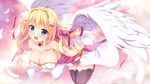  :d ahoge angel_wings aqua_eyes bangs bare_shoulders bent_over black_legwear blonde_hair blurry blush bow bracelet breasts choker cleavage clenched_hand collarbone depth_of_field fall_in_love_x_4_tune feathered_wings feathers flower from_side full_body game_cg gem hair_flower hair_intakes hair_ornament hair_ribbon hairclip hanging_breasts happy heart jewelry karen_voluptuous kusunoki_(escude) large_breasts long_hair looking_at_viewer open_mouth ribbon sideboob smile solo sparkle star star_hair_ornament strapless thighhighs white_wings wings zettai_ryouiki 
