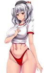  breasts buruma cowboy_shot crop_top grey_eyes gym_uniform hat highleg highleg_buruma ishimiso_(ishimura) kantai_collection kashima_(kantai_collection) large_breasts looking_at_viewer midriff navel silver_hair smile solo tsurime twintails uniform wavy_hair 