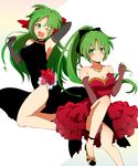  arm_behind_head armpits bare_shoulders black_dress bow breasts cleavage dress elbow_gloves flower frilled_dress frills gloves green_eyes green_hair hair_bow hair_ribbon half_updo high_heels highres higurashi_no_naku_koro_ni jewelry lace_trim long_hair looking_at_viewer medium_breasts multiple_girls necklace nimomo one_eye_closed open_mouth ponytail red_dress ribbon rose siblings side_slit sisters sonozaki_mion sonozaki_shion thighs twins white_background 