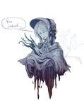  bloodborne bonnet cloak doll_joints english flower holding hunter_(bloodborne) lily_(flower) monochrome murai_shinobu plain_doll simple_background spoilers upper_body 