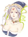  bare_shoulders blue_eyes blue_hair breasts celine_jules cleavage dated earrings gloves hand_up hat highres hoop_earrings jewelry large_breasts lips long_hair looking_to_the_side necklace ost_(kanrikuryou) purple_hair short_hair sketch smile solo star_ocean star_ocean_the_second_story upper_body white_gloves witch_hat 