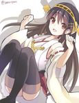  amripo bare_shoulders black_hair breasts brown_eyes brown_hair commentary_request detached_sleeves hair_ornament hairband hairclip haruna_(kantai_collection) headgear japanese_clothes kantai_collection long_hair medium_breasts nontraditional_miko open_mouth skirt smile solo thighhighs twitter_username 