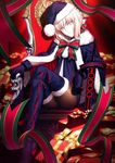  artoria_pendragon_(all) black_footwear black_gloves black_legwear black_santa_costume blonde_hair boots box brown_legwear crossed_legs fate/grand_order fate_(series) fur-trimmed_boots fur_boots fur_trim gift gift_box gloves hat highres official_art pantyhose pom_pom_(clothes) resized saber_alter santa_alter santa_costume santa_hat sitting sword takeuchi_takashi thigh_boots thighhighs throne upscaled waifu2x weapon yellow_eyes 