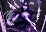  breasts claws cleavage dress glowing headgear impaled kalista large_breasts league_of_legends ling_(vivianling) long_hair pink_eyes purple_dress silver_hair solo very_long_hair 