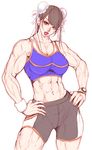  abs biceps bike_shorts breasts brown_hair bun_cover chun-li cowboy_shot double_bun eyelashes hands_on_hips large_breasts lipstick makeup midriff muscle muscular_female navel puckered_lips short_hair solo sports_bra street_fighter sweat tabe_koji thick_thighs thighs watch wristwatch 