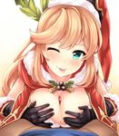  ;p aqua_eyes black_gloves blonde_hair blush breasts clarisse_(granblue_fantasy) gloves granblue_fantasy hat heart heart-shaped_pupils large_breasts long_hair looking_at_viewer md5_mismatch one_eye_closed paizuri penis santa_hat smile solo_focus symbol-shaped_pupils tongue tongue_out uni8 