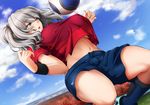  alternate_costume armband ball bangs blue_eyes blue_shorts blue_sky bol_(liliymimi) breasts cloud covered_nipples crop_top crop_top_overhang day dutch_angle from_below grass grey_hair j._league kantai_collection kashima_(kantai_collection) kashima_antlers kneehighs large_breasts long_hair midriff namesake navel nike no_bra open_mouth outdoors parody product_placement red_shirt shirt short_sleeves shorts sky soccer soccer_ball soccer_uniform solo sportswear t-shirt twintails underboob upshirt 