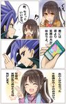  1boy 1girl absurdres black_hair blush brown_eyes brown_hair card choker closed_eyes comic crossover duel_monster highres idolmaster idolmaster_cinderella_girls jacket long_hair mizukoshi_(marumi) multicolored_hair one_side_up open_mouth purple_hair school_uniform shimamura_uzuki smile smile_world sweatdrop track_jacket translation_request two-tone_hair v yuu-gi-ou yuu-gi-ou_arc-v yuuto_(yuu-gi-ou_arc-v) 