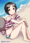  amripo bangs beach black_hair brown_eyes commentary_request eyewear_on_head kantai_collection looking_at_viewer maru-yu_(kantai_collection) ocean open_mouth outdoors parted_bangs sand short_hair sitting solo sunglasses swimsuit water white_swimsuit 