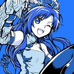  ;d bare_shoulders blue blue_eyes blue_hair china_dress chinese_clothes dragon_girl dragon_horns dress gauntlets head_fins highres horns ishiyumi karin_(p&amp;d) long_hair one_eye_closed open_mouth puzzle_&amp;_dragons smile solo 