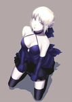  artoria_pendragon_(all) bare_shoulders black_gloves black_legwear blonde_hair braid breasts choker cleavage elbow_gloves fate/stay_night fate_(series) from_above full_body gloves hair_ribbon halterneck kneeling looking_at_viewer medium_breasts pale_skin ribbon rikoko saber_alter short_hair skirt skirt_grab solo thighhighs yellow_eyes 