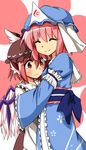  ^_^ animal_ears blush closed_eyes dress dress_shirt hat hug japanese_clothes mob_cap moja_(moja4192) multiple_girls mystia_lorelei pink_hair red_eyes ribbon saigyouji_yuyuko shirt short_hair smile touhou triangular_headpiece wings you_gonna_get_eaten 