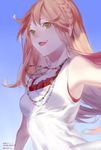  2015 :d acid_(pixiv4125720) armpits artist_name ashihara_yuno bangs bare_shoulders blue_background braid collarbone crown_braid dated floating_hair god_eater god_eater_2:_rage_burst gradient gradient_background green_eyes highres jewelry long_hair necklace open_mouth pearl_necklace shirt simple_background single_braid sleeveless sleeveless_shirt smile solo very_long_hair white_shirt 