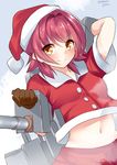  &gt;:) adapted_costume arm_up buttons cannon commentary_request gun hat highres kantai_collection kinu_(kantai_collection) looking_at_viewer machinery navel nebusoku pleated_skirt red_hair red_skirt santa_costume santa_hat short_hair short_sleeves signature skirt smile solo turret twitter_username v-shaped_eyebrows weapon yellow_eyes 