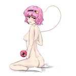  absurdres ass bad_anatomy bad_ass blush breasts commentary drooling eyeball hairband heart highres implied_masturbation komeiji_satori medium_breasts nipples nude open_mouth pan-ooh pink_hair purple_eyes purple_hair saliva short_hair sitting socks solo teardrop third_eye touhou transparent_background wariza white_legwear 