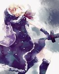  artoria_pendragon_(all) blonde_hair boots cape fate/grand_order fate_(series) from_side gloves hat highres mitsuhiromu santa_alter santa_hat sidelocks snow solo sword weapon winter_clothes yellow_eyes 