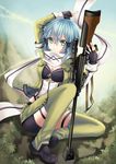  absurdres anti-materiel_rifle aqua_hair breasts cleavage fingerless_gloves full_body gloves green_eyes gun highres medium_breasts pgm_hecate_ii rifle scarf short_hair short_shorts shorts sinon sniper_rifle sniper_scope solo sword_art_online weapon yoneyu 