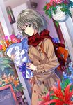  bag bangs blue_eyes blush bouquet brown_hair coat dutch_angle flower flower_shop green_eyes grey_hair heterochromia idolmaster idolmaster_cinderella_girls lily_(flower) long_sleeves looking_at_viewer menu_board mirai_denki mole mole_under_eye plaid plaid_scarf plant potted_plant scarf shop short_hair shoulder_bag sign smile solo storefront takagaki_kaede trench_coat 