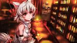  albino animal_ears bar bare_shoulders blurry cocktail_glass crossed_arms cup depth_of_field detached_sleeves drinking_glass inubashiri_momiji k2pudding red_eyes shirt short_hair silver_hair skirt smile solo tail touhou white_hair wolf_ears wolf_tail 