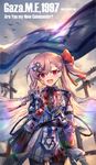  1girl :d ? bag belt bird black_legwear blood blood_on_face bloody_clothes blurry bow bowtie braid chromatic_aberration copyright_name flag girls_frontline gloves hair_bow hair_ornament hairclip heiwari_kanade hexagram highres israel jewish lens_flare long_hair long_sleeves looking_at_viewer negev_(girls_frontline) one_side_up open_mouth outdoors pantyhose pink_hair red_bow red_eyes red_neckwear red_ribbon ribbon sky smile solo star_of_david sun teeth white_gloves yandere 