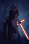  ankle_boots ass bikini boots breasts cloak cosplay energy_sword forest genderswap genderswap_(mtf) high_heel_boots high_heels highres hood kylo_ren kylo_ren_(cosplay) legs lightsaber lips long_hair medium_breasts nature one_eye_covered orange_hair original pedro_perez sideboob snow snowing solo spoilers star_wars star_wars:_the_force_awakens starkiller_base swimsuit sword thong trizia_(pedro_perez) weapon 