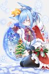  angel_wings animal_ears bad_id bad_pixiv_id blue_hair christmas_tree closed_eyes fox highres original pantyhose short_hair snow_globe snowflakes snowman solo wings ye_xian 