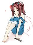  barefoot blush brown_hair galilei_donna hair_ornament hair_scrunchie hozuki_ferrari kou_mashiro naked_overalls overalls scrunchie smile solo strap_slip wrench 