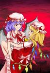  :d bat_wings blonde_hair blue_hair blush bow carrying cravat crystal demon_wings dress eye_contact fang flandre_scarlet hat lavender_hair looking_at_another mob_cap multiple_girls night night_sky open_mouth pan-ooh pink_dress puffy_short_sleeves puffy_sleeves purple_hair red_bow red_eyes red_ribbon red_skirt red_sky red_vest remilia_scarlet ribbon scarlet_devil_mansion short_hair short_sleeves siblings side_ponytail sisters skirt sky smile socks star_(sky) starry_sky touhou vampire vest white_legwear wings yuri 
