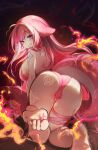  1girl ahoge all_fours ass back barefoot bikini body_markings breasts cetacean_tail english_commentary facial_mark feet fins fire fish_tail foot_focus foreshortening gamer_supps grin hair_intakes halterneck heart heart_ahoge highres indie_virtual_youtuber large_breasts long_hair looking_at_viewer looking_back multicolored_hair orca_girl pink_hair pink_tail presenting_foot purple_eyes shrimp shylily smile soles solo streaked_hair string_bikini swimsuit tail thighs toes virtual_youtuber white_hair yoclesh 
