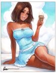  1girl artist_name bare_shoulders blue_dress blue_sky border breasts brown_eyes brown_hair collarbone commentary cursive dark-skinned_female dark_skin dress english_commentary food highres holding holding_food holding_ice_cream holding_ice_cream_cone ice_cream ice_cream_cone lips looking_at_viewer medium_breasts medium_hair omar_dogan open_mouth original pillow scan sitting sky smile solo traditional_media viveen_motorson_(omar_dogan) white_border 