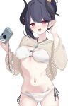  1girl absurdres arm_behind_head arm_up asymmetrical_hair bare_legs bikini black_hair blue_archive blush breasts camera chiaki_(blue_archive) chiaki_(swimsuit)_(blue_archive) commentary_request fang hair_between_eyes hair_bun highres holding holding_camera horns jewelry looking_at_viewer medium_breasts mesh metaru856 midriff navel necklace open_mouth pink_eyes pointy_ears short_hair simple_background single_hair_bun smile solo sweat swimsuit white_background white_bikini 