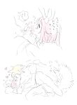  1boy 1girl animal_ears animal_hands bar_censor blush boy_on_top censored closed_eyes commentary_request fellatio gloves hetero highres implied_sex kiss licking licking_penis momomo_(m0_3) ootori_emu oral paw_gloves penis pink_eyes pink_hair project_sekai rabbit_ears saliva shirt tail tenma_tsukasa tongue tongue_out translation_request white_background wolf_ears wolf_tail 