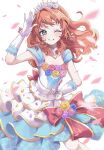  1girl aikatsu! aikatsu!_(series) blue_dress bow cowboy_shot dress dress_bow feet_out_of_frame flower gloves guri_(ak1002s) hand_up highres idol idol_clothes long_hair looking_at_viewer one_eye_closed orange_hair ozora_akari petals pink_flower pink_rose purple_flower purple_rose red_flower red_ribbon red_rose ribbon rose smile solo standing tiara white_background white_gloves 