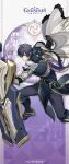  1boy ahoge aiguillette arm_up armor belt black_belt black_boots black_gloves black_hair black_pants boots cape closed_mouth coat commentary company_name copyright_name crossed_bangs english_commentary fighting_stance fur-trimmed_boots fur-trimmed_cape fur-trimmed_coat fur_trim genshin_impact gloves gradient_background grey_coat hair_between_eyes highres holding holding_shield long_sleeves looking_at_viewer male_focus official_art pants pauldrons purple_background purple_eyes serious shield short_hair shoulder_armor single_pauldron solo standing tassel v-shaped_eyebrows valeriy_(genshin_impact) white_background white_cape 
