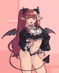  1girl bare_legs bat_wings bib_collar black_horns black_nails black_socks blush bobby_socks breasts commentary cosplay demon_girl demon_horns demon_tail fangs frills green_eyes hand_on_own_hip highres horns kitagawa_marin long_pointy_ears looking_to_the_side medium_breasts navel no_shoes piku184 pink_background pointy_ears puffy_sleeves red_hair rizu-kyun rizu-kyun_(cosplay) socks solo sono_bisque_doll_wa_koi_wo_suru stomach tail teeth thighs wings 