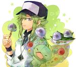  baseball_cap blue_eyes eating food gen_5_pokemon green_hair hat jewelry male_focus n_(pokemon) pendant pokemon pokemon_(creature) pokemon_(game) pokemon_bw reuniclus rinne_(pixiv) 