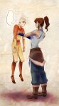  aang absurdres annoyed avatar:_the_last_airbender avatar_legends bald brown_hair drchopper7 height_difference highres korra lifting_person ponytail reincarnation tattoo the_legend_of_korra time_paradox 