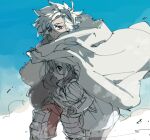  1boy 1girl armor bandana black_bandana blue_sky brown_hair cloak coat commentary_request dark-skinned_male dark_skin hair_between_eyes hair_over_one_eye kiharatta long_hair looking_at_viewer one_eye_covered outdoors pants profile red_eyes red_pants sekaiju_no_meikyuu sekaiju_no_meikyuu_3 short_hair sketch sky standing warrior_(sekaiju) warrior_3_(sekaiju) white_cloak white_coat white_hair wind zodiac_(sekaiju) zodiac_2_(sekaiju) 