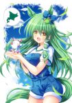  1girl alternate_costume animal_ears blue_bow blue_overalls blue_shorts blue_sky blush bow cloud commentary_request day expressive_clothes falling_leaves frog_hair_ornament green_hair hair_bow hair_ornament hair_tubes highres hokkaido_prefecture horse_ears horse_girl horse_tail kemonomimi_mode kochiya_sanae leaf looking_at_viewer open_mouth osashin_(osada) overalls shirt shorts single_hair_tube sky smile snake_hair_ornament solo speech_bubble tail touhou white_shirt yellow_eyes 