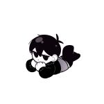  1boy alternate_costume antenna_hair bad_id bad_twitter_id black_eyes black_hair black_sweater black_thighhighs chibi chibi_only closed_mouth commentary_request double-parted_bangs expressionless full_body grey_shorts hair_between_eyes highres invisible_floor korean_commentary long_sleeves lying morivivi3 omori omori_(omori) on_stomach short_hair shorts simple_background solo sweater thighhighs white_background 