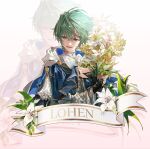  1boy ahoge alternate_costume aqua_hair black_gloves blue_cape blue_eyes blue_flower bouquet bow bowtie cape character_name commentary_request earrings english_text fingerless_gloves floating_hair flower genshin_impact gloves gradient_background hair_between_eyes hands_up highres holding holding_bouquet hood hooded_cape innagaja jewelry korean_commentary leaf lohen_(genshin_impact) long_sleeves looking_to_the_side male_focus open_mouth pink_background pink_pupils puffy_long_sleeves puffy_sleeves shirt short_hair simple_background single_earring smile solo teeth tongue turtleneck turtleneck_shirt upper_body vest white_background white_bow white_bowtie white_flower white_hood white_shirt white_vest yellow_flower zoom_layer 