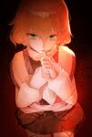  1girl arm_warmers biting biting_own_finger biting_own_thumb black_background black_shirt blonde_hair brown_skirt commentary_request cowboy_shot gradient_background green_eyes grey_shirt hair_between_eyes highres long_bangs looking_at_viewer mizuhashi_parsee red_background scarf shirt short_hair short_sleeves skirt touhou undershirt user_terj8357 white_scarf 